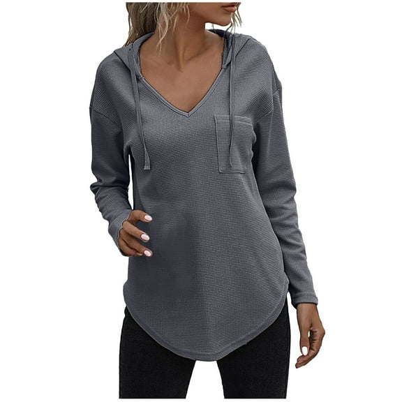 HAiming Hoodies for Womens Solid Color Long Sleeve V Neck Drawstring Tops Fall Winter Casual Loose Pullover Blouse
