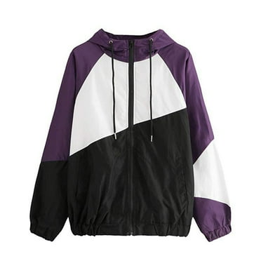 HAiming Jackets for Women 2025 Trendy Color Block Drawstring Hooded Windbreaker Coats Casual Plus Size Zip up Jackets
