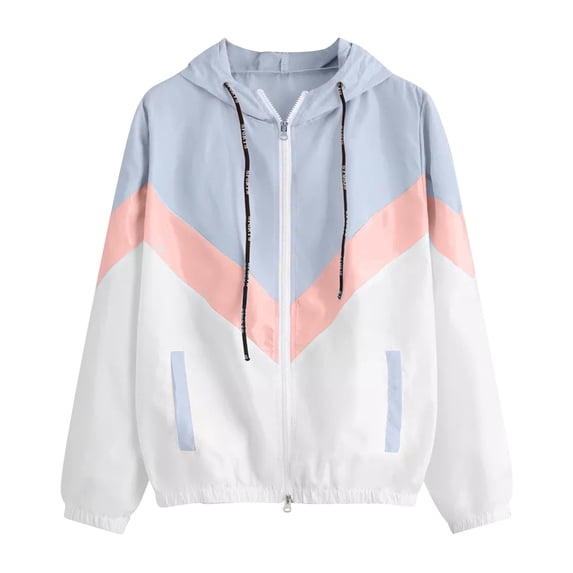 HAiming Jackets for Women Color Block Drawstring Hooded Windbreaker Coats Casual Lightweight Zip up Jacket with Pocket