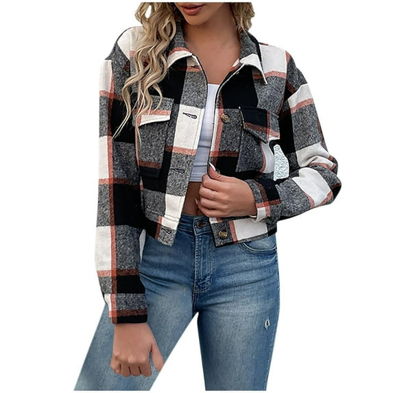 HAiming Jackets for Women Cropped Shacket Plaid Long Sleeve Button down Shirts Casual Coat Tops with Lapel Pockets