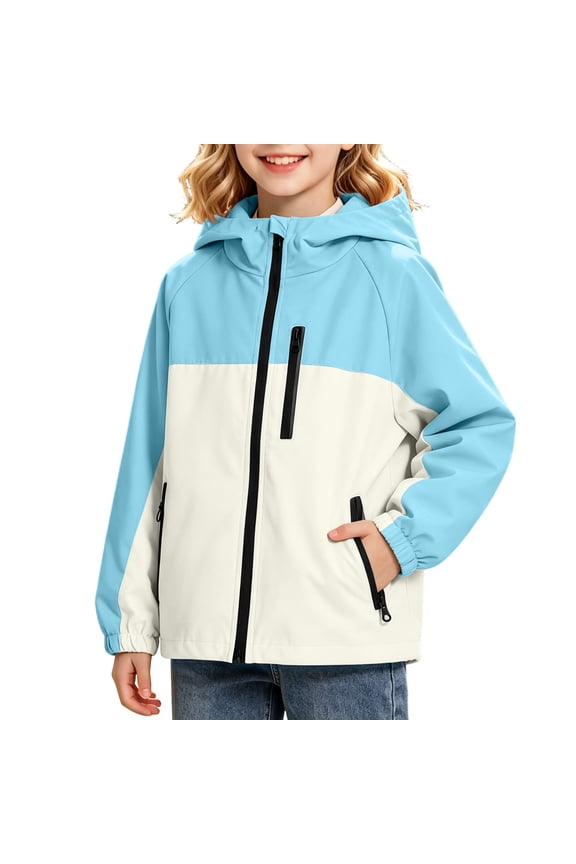 Kids Athletic Jacket Hooded Long Sleeve Color Block Hiking Jacket Fall Winter Workout Jacket with Pockets