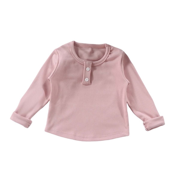 HAiming Kids Baby Girl's Long Sleeve Button Tops Solid Color Round Neck Striped Knit Shirts Casual Loose Comfy Blouse