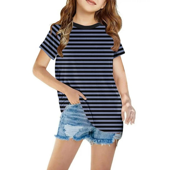 HAiming Kids Boys Girls Short Sleeve T Shirts Striped Printed Crewneck Casual Basic Tops Blouse Trendy 2025 Summer