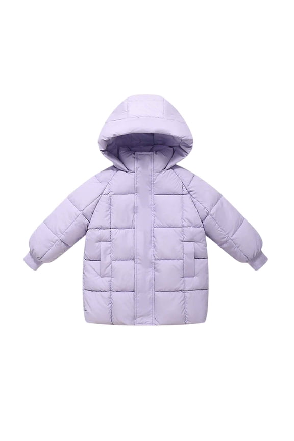 Kids Long Padded Jacket Coat Quilted Long Sleeve Full Zip Solid Color Winter Warm Outwear with Pockets