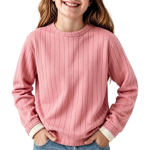 HAiming Kids Pullover Shirts Long Sleeve Ribbed Knit Fleece Crew Neck Casual Undershirts Fall Winter Outdoors Tops