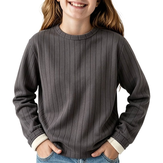 HAiming Kids Pullover Shirts Long Sleeve Ribbed Knit Fleece Crew Neck Casual Undershirts Fall Winter Outdoors Tops