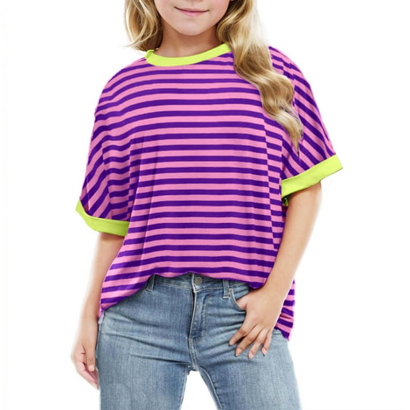 HAiming Kids Striped Short Sleeve Shirts Color Block Trendy Crewneck Top Girls Casual Loose Summer Tees Blouse