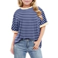 thumbnail image 1 of HAiming Kids Striped Short Sleeve Shirts Color Block Trendy Crewneck Top Girls Casual Loose Summer Tees Blouse, 1 of 5