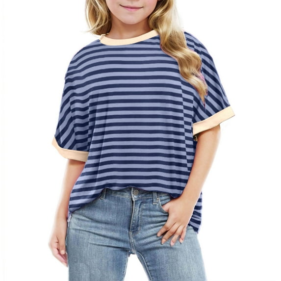 HAiming Kids Striped Short Sleeve Shirts Color Block Trendy Crewneck Top Girls Casual Loose Summer Tees Blouse