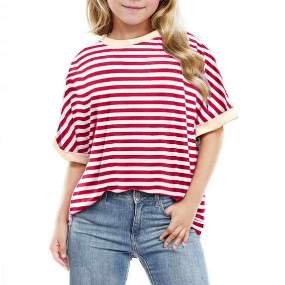 HAiming Kids Striped Short Sleeve Shirts Color Block Trendy Crewneck Top Girls Casual Loose Summer Tees Blouse