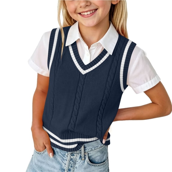 HAiming Kids Uniform Sweater Vest Knitted Sleeveless School Shirts Color Block V Neck Casual Fall Going out Blouses