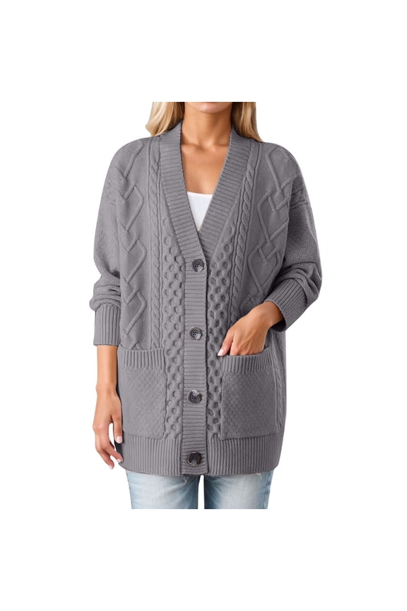 Knit Cardigan Jacket for Women Casual Cable Botton down V Neck Solid Color Sweater Outwear with Pockets