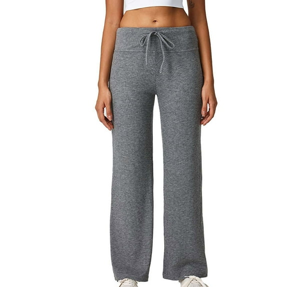 HAiming Knit Pants for Women Wide Leg Baggy Drawstring Solid Color Fashion Athletic Trousers Loungewear