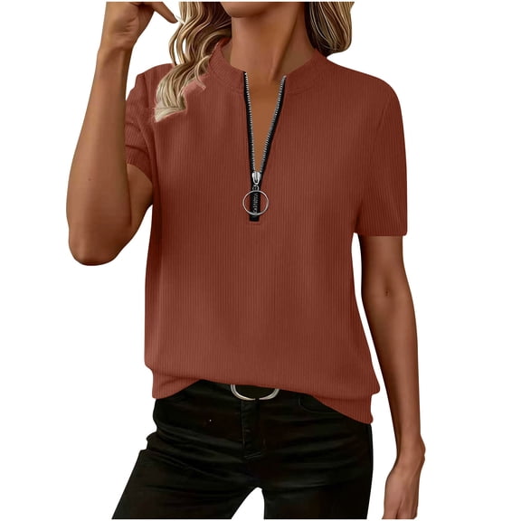 HAiming Knit Shirts for Women Short Sleeve Tunic Tops Half Zip Crew Neck Sweater Tees Pullover Trendy Clothes
