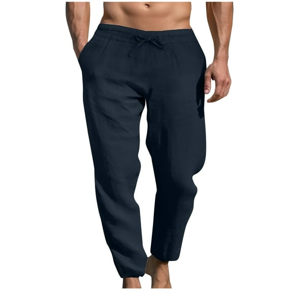 HAiming Linen Pants for Men Elastic Waist Drawstring Comfort Plus Size Casual Lightweight Straight Trouser with Pocket