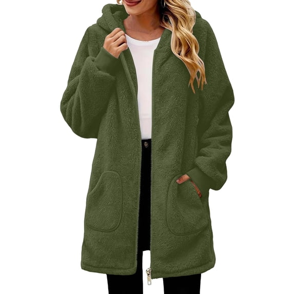 HAiming Long Fleece Jackets for Women Long Sleeve Zip up Hooded Comfy Casual Coats Fall Winter Workout Tops with Pockets