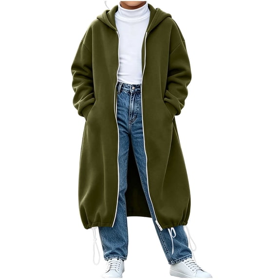 HAiming Long Hoodies for Kids Long Sleeve Full Zip Solid Color Casual Tops Fall Winter Outerwear Coat with Pockets