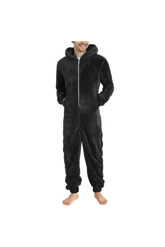 Long Sleeve Overalls for Men Thermal Fuzzy Zip up Hooded Sleepwear Plus Size Casual Pajamas Nightgowns Catsuit