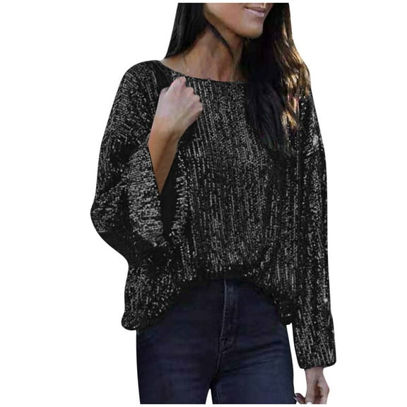 HAiming Long Sleeve Sequin Tops for Women Trendy Party Glitter Round Neck Pullover Shirts 2025 Casual Loose Blouse