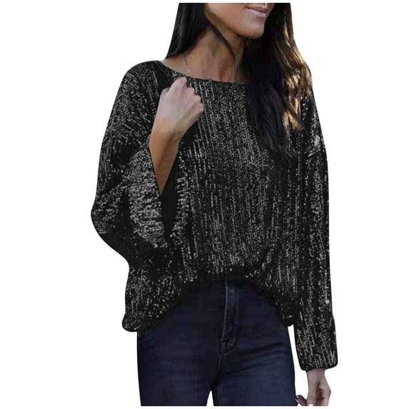 HAiming Long Sleeve Sequin Tops for Women Trendy Party Glitter Round Neck Pullover Shirts 2025 Casual Loose Blouse