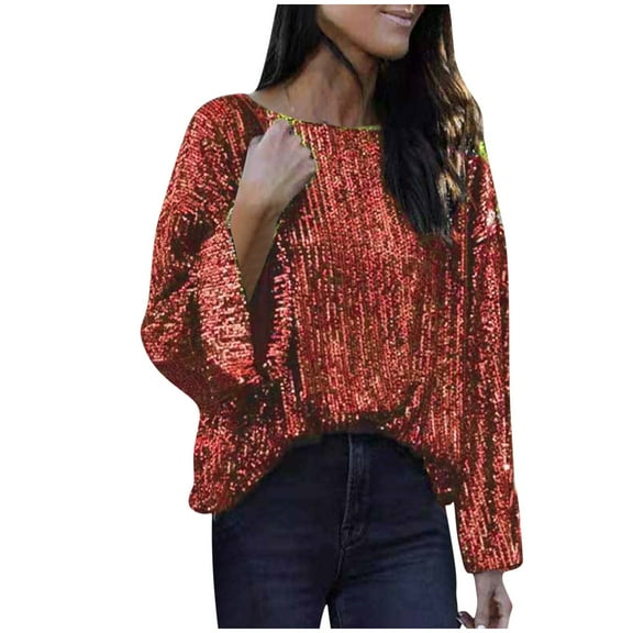 HAiming Long Sleeve Sequin Tops for Women Trendy Party Glitter Round Neck Pullover Shirts 2025 Casual Loose Blouse