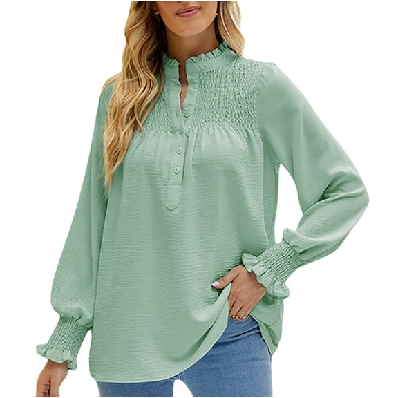 HAiming Long Sleeve Shirts for Women Casual Solid Color Button V Neck Ruffle Tops Elegant Dressy Loose Blouses