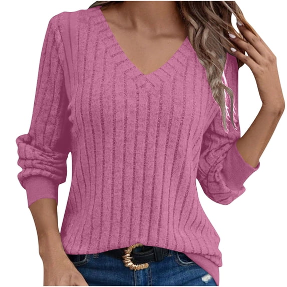 HAiming Long Sleeve Shirts for Women Ribbed V Neck Pullover Solid Color Dressy Casual Lightweight Tunic Tops