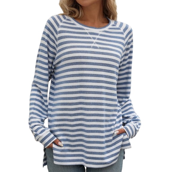 HAiming Long Sleeve Shirts for Women Trendy Striped Crewneck Side Split Pullover Tops Fall Winter Casual Loose Blouses