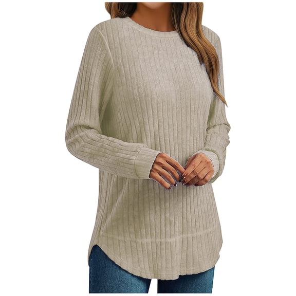 HAiming Long Sleeve Shirts for Women Tunic Loose Crewneck Pullover Curved Hem Tops Casual Basic Tee