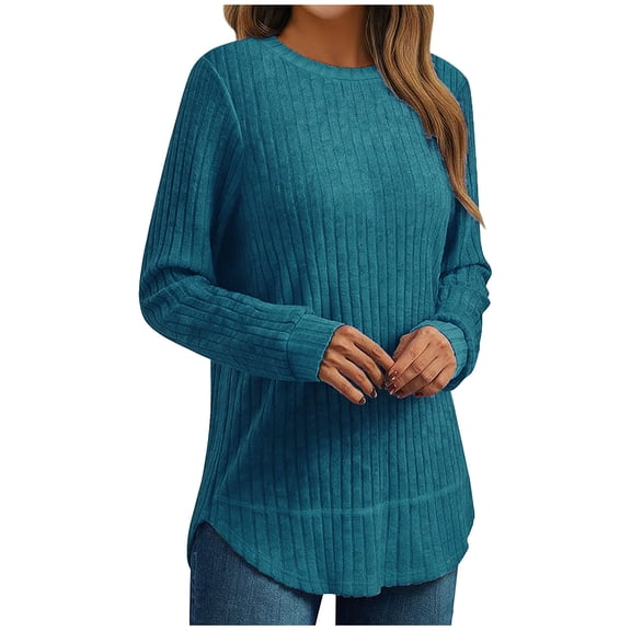 HAiming Long Sleeve Shirts for Women Tunic Loose Crewneck Pullover Curved Hem Tops Casual Basic Tee