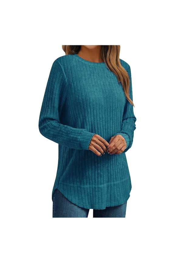 Long Sleeve Shirts for Women Tunic Loose Crewneck Pullover Curved Hem Tops Casual Basic Tee