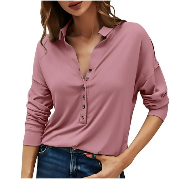 HAiming Long Sleeve Shirts for Womens Solid Color Lapel V-Neck Button down Tops Summer Casual Loose Work Blouse