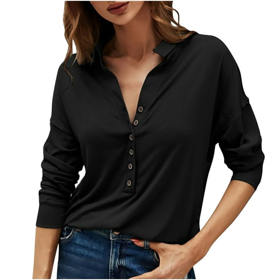 HAiming Long Sleeve Shirts for Womens Solid Color Lapel V-Neck Button down Tops Summer Casual Loose Work Blouse