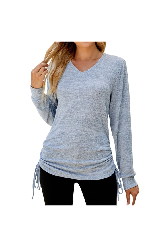 Long Sleeve Tops for Women Casual Basic Solid Color V Neck Slim Tunic Shirts with Side Ruched Drawstring