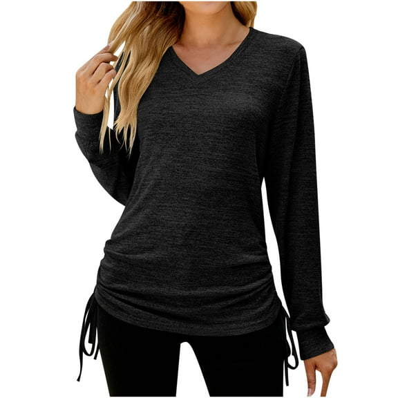 HAiming Long Sleeve Tops for Women Casual Basic Solid Color V Neck Slim Tunic Shirts with Side Ruched Drawstring