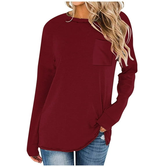 HAiming Long Sleeve Tunic Tops for Women Casual Solid Color Crewneck Loose Shirt Fall Winter Pullover Blouse with Poket