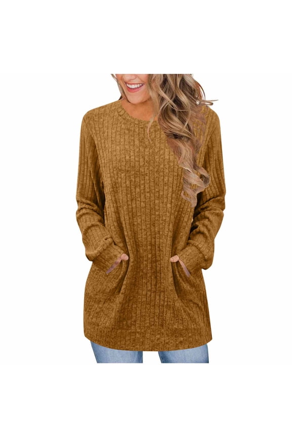 Long Sweater for Women Casual Crew Neck Solid Color Pullover Tops Trendy Clothes with Pockets