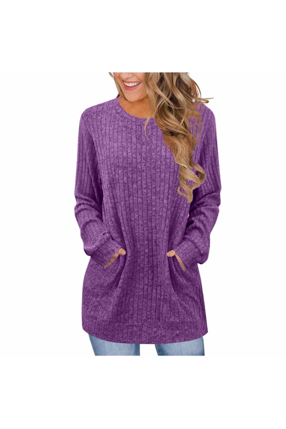 Long Sweater for Women Casual Crew Neck Solid Color Pullover Tops Trendy Clothes with Pockets
