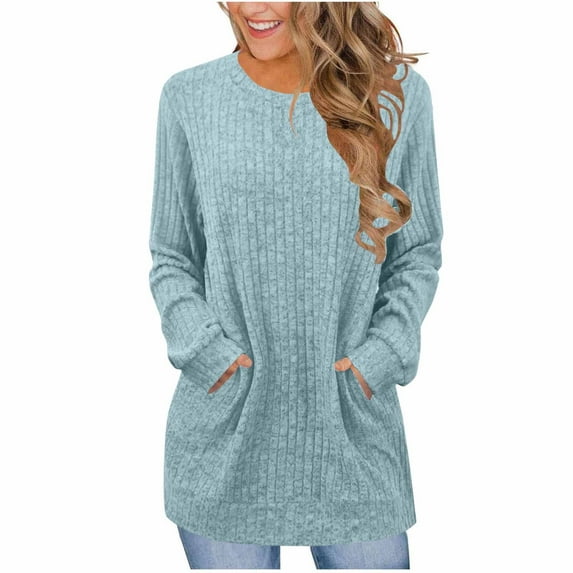 HAiming Long Sweater for Women Casual Crew Neck Solid Color Pullover Tops Trendy Clothes with Pockets