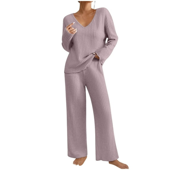 HAiming Lounge Sets for Women Solid Knit Long Sleeve V Neck Tops Pants 2 Piece Outfits Sleepwear Pajamas with Pocket