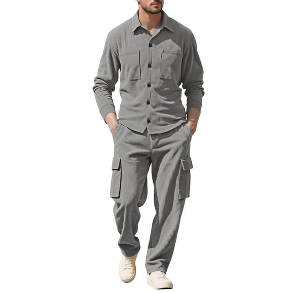 HAiming Men Corduroy 2 Piece Sets Button down Lapel Collar Shirt and Cargo Pants Casual Outfit with Pockets
