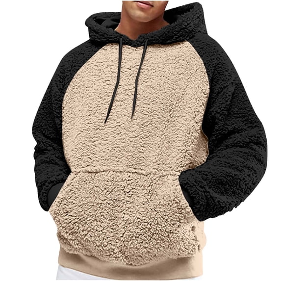 HAiming Men Fuzzy Fleece Sweatshirt Color Block Long Sleeve Pullover Hoodie Fall Winter Casual Warm Blouse with Pocket