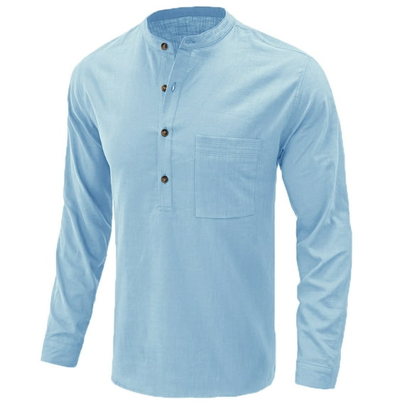 HAiming Men Long Sleeve Shirts Vintage Button V-Neck Pullover Tops Fall Casual Comfy Cotton Linen Blouse with Pocket
