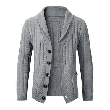 HAiming Men's Cardigan Sweater Casual Solid Long Sleeve Shawl Collar Button down Cable Knitted Outwear with Pockets