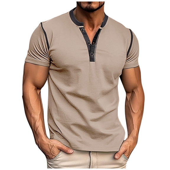 HAiming Men's Casual Shirts Classic Button Cotton Short Sleeve Crewneck Tops Summer Basic Solid Lightweight Tee Blouse