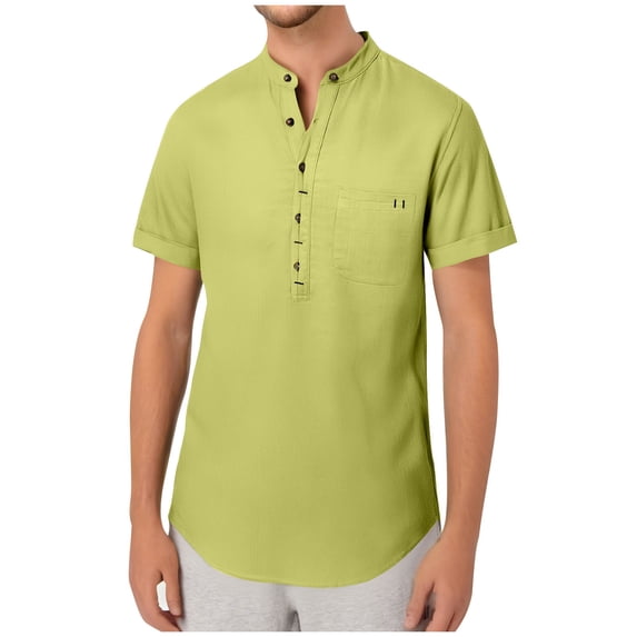 HAiming Men's Casual Short Sleeve Shirts Summer Cotton Linen Solid Color Button Round Neck Beach Tops with Pocket