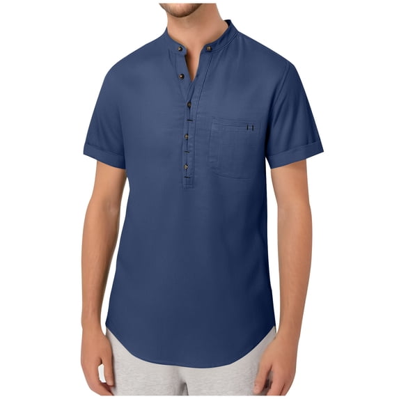 HAiming Men's Casual Short Sleeve Shirts Summer Cotton Linen Solid Color Button Round Neck Beach Tops with Pocket