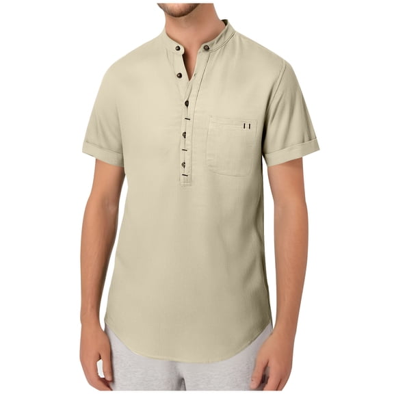 HAiming Men's Casual Short Sleeve Shirts Summer Cotton Linen Solid Color Button Round Neck Beach Tops with Pocket