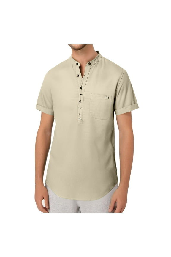 Men's Casual Short Sleeve Shirts Summer Cotton Linen Solid Color Button Round Neck Beach Tops with Pocket