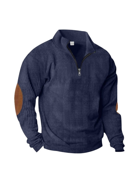 Men's Corduroy Tops Quarter Zipper Pullover Crew Neck Shirt Casual Long Sleeve Color Block Fashion Clothes